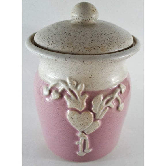 Vintage Pottery Canister Cookie Jar Pink Speckled Hearts Farmhouse 9", For Cookies, Candy, Treats, Large Jar for Pantry, Airtight Food Storage Containers