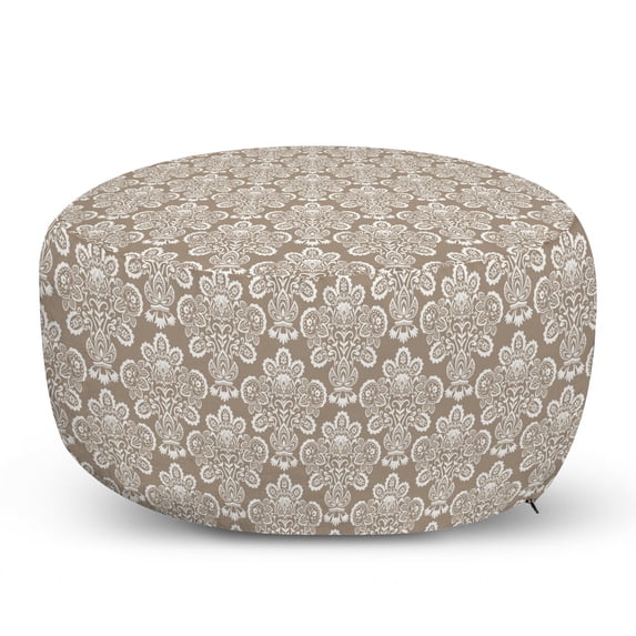 Vintage Pouf Cover with Zipper, Damask Style Curly Floral Motifs in Repetition Traditional Old Fashioned, Soft Decorative Fabric Unstuffed Case, 30" W X 17.3" L, Warm Taupe and White, by Ambesonne