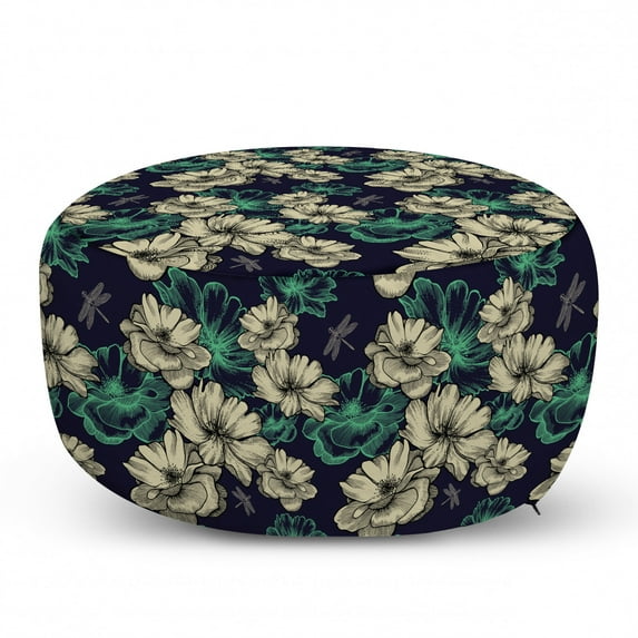 Vintage Pouf Cover with Zipper, Pattern with Blooming Wild Flowers and Dragonflies Romantic Garden, Soft Decorative Fabric Unstuffed Case, 30" W X 17.3" L, Mint Green Dark Blue, by Ambesonne
