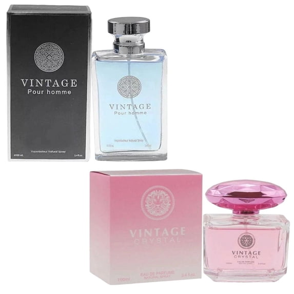 Vintage Pour Homme & Vintage Crystal – Couple Perfume Gift Set (2 x 3.4 oz / 100 ml) – Eau de Parfum for Him & Her – Long-Lasting Classic Fragrance Gift for Couples, Anniversaries & Valentine’s Day