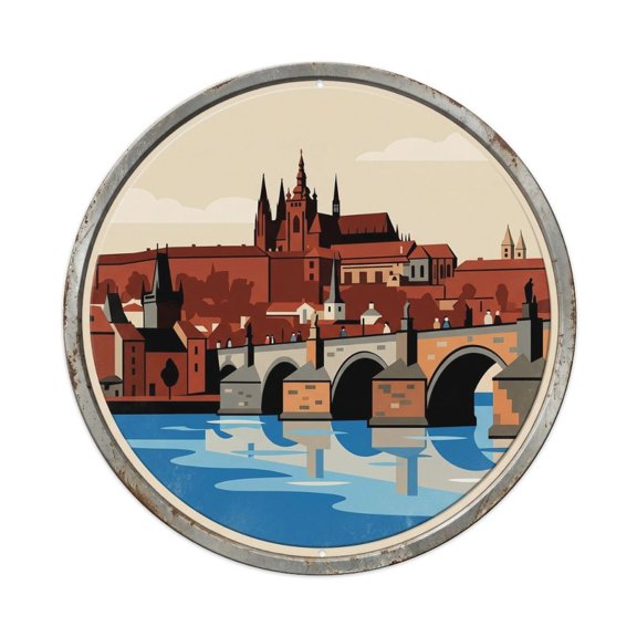 Vintage Prague Castle Historic Travel Vintage Metal Tin Sign Plaque Wall Decor for Cafe, Club, Garden Round Metal Poster 8x8Inch