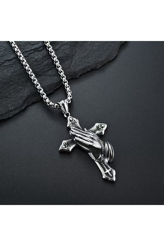 Vintage Praying Hands Cross Pendant Necklace for Man Woman 14K White Gold Chain Choker Jewelry Accessories Halloween Gifts