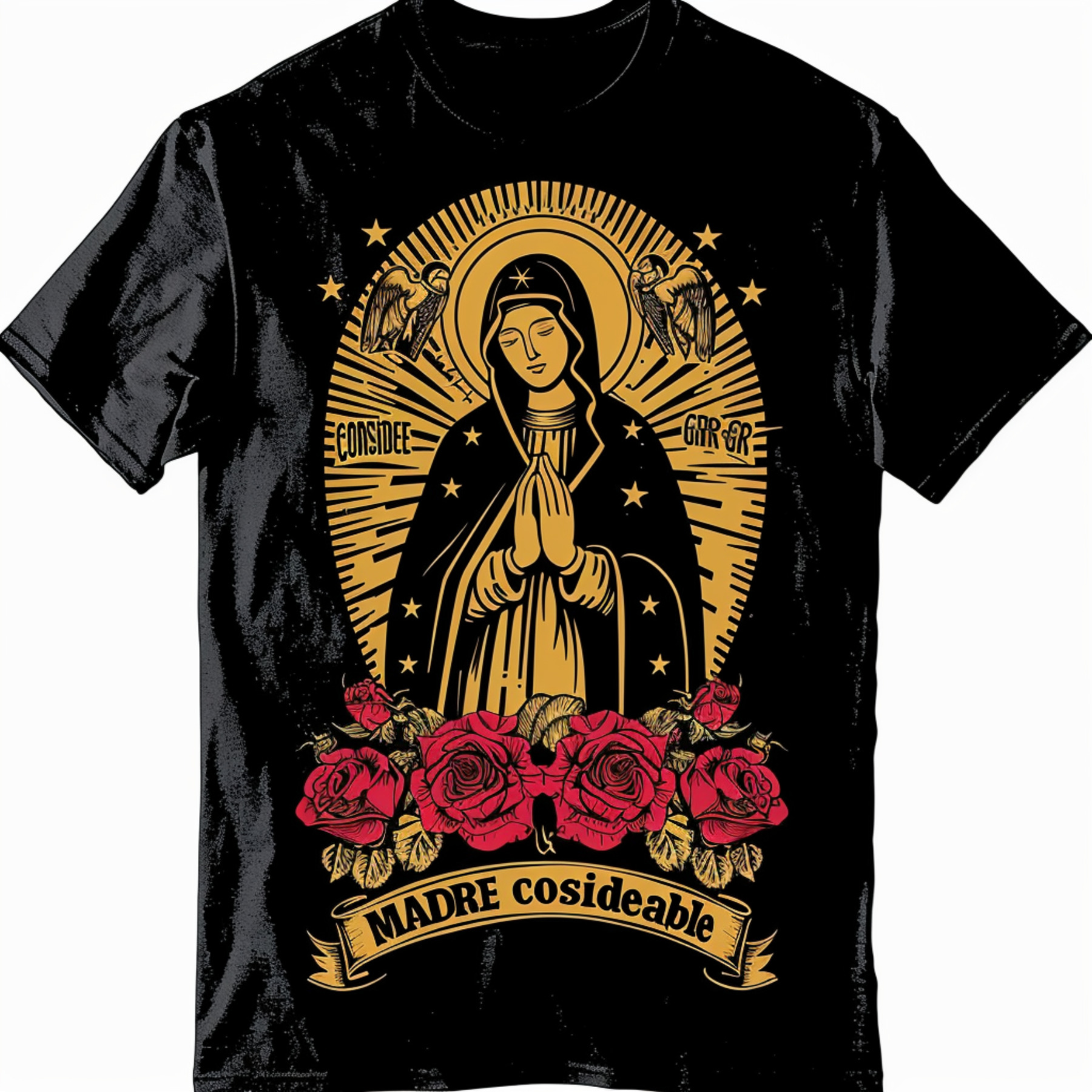 Vintage Praying Hands & Holy Mary Design Black T Shirt Gold & Red ...