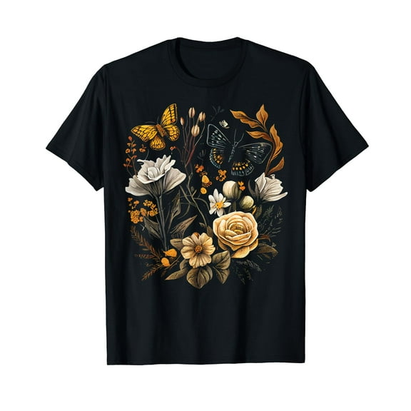 Vintage Pressed Flowers Butterflies Floral Boho Wildflowers T-Shirt