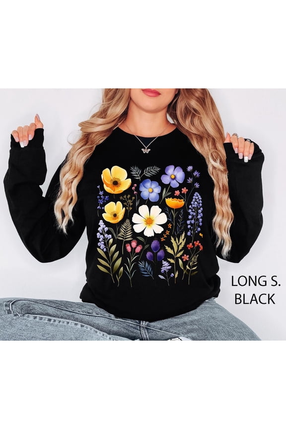 Vintage Pressed Flowers Sweatshirt, Boho Cottagecore Crewneck, Garden Botanical Floral Pullover, Fairycore Sweater, Wildflower Long Sleeve Sweatshirt All Size S-5XL