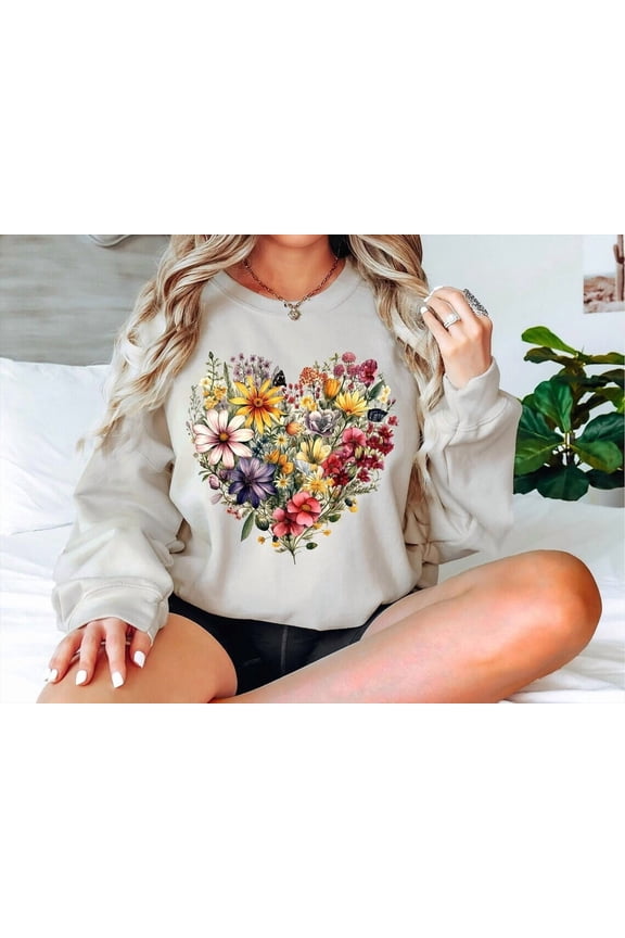 Vintage Pressed Flowers Sweatshirt, Boho Cottagecore Crewneck, Pastel Botanical Floral Pullover, Fairycore Oversized Wildflowers Sweatshirt