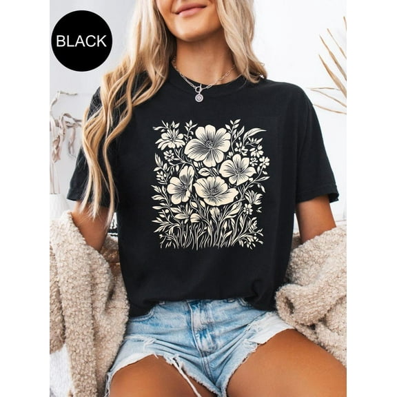 Vintage Pressed Linocut Flowers Shirt Boho Cottagecore T-Shirt Botanical Floral Tee Wildflowers Gift for Gardener