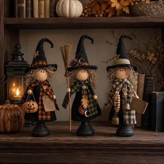 Vintage Primitive Witch Trio, Halloween Decorations Indoor Centerpiece, Rustic Farmhouse Fall Decor for Mantel Shelf Entryway
