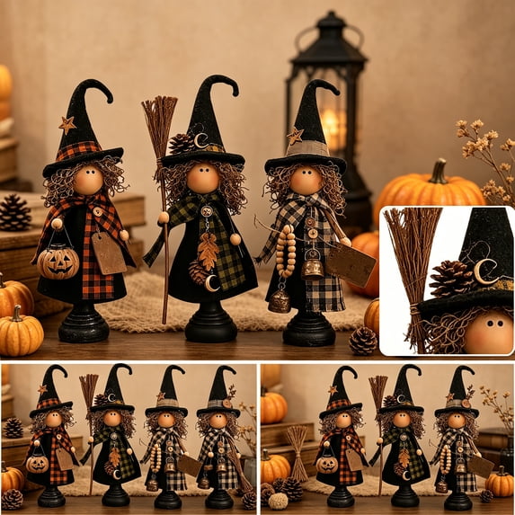 Vintage Primitive Witch Trio – Rustic Halloween Tabletop Decor, Primitive Witch with Hats, Farmhouse Witch Figurines with Plaid Dresses Broom Pumpkin for Mantel, Shelf, Home Decor