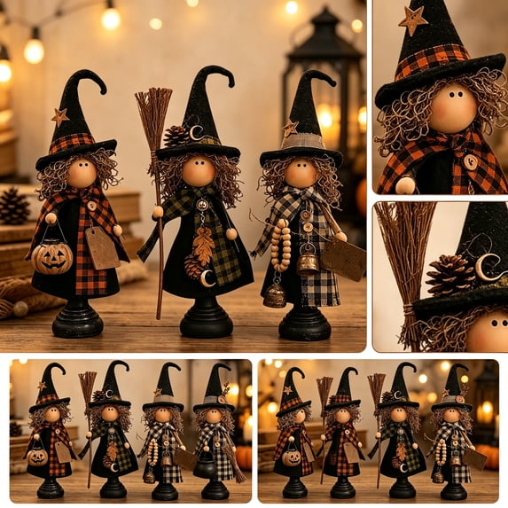 Vintage Primitive Witch Trio,Rustic Halloween Witch Figurines with Hats, Set of 3 - Vintage Farmhouse Tabletop Decor for Mantel Shelf Entryway Farmhouse Fall Home Decor Gift