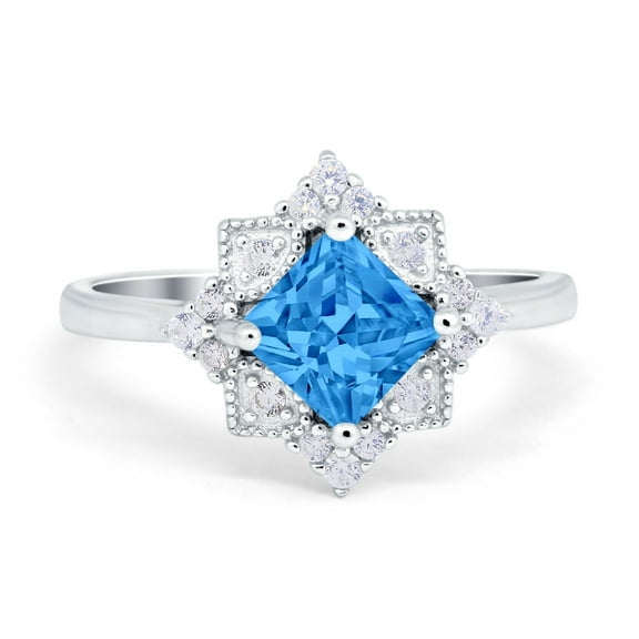 Vintage Princess Cut Wedding Ring Simulated Blue Topaz Cubic Zirconia 925 Sterling Silver Size 5