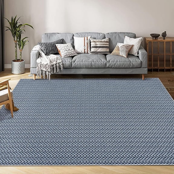 Vintage Print 9x12 Ft Boho Non-Slip Rug, Braided Texture, Washable, Stain-Resistant for Living Room/Bedroom/Kitchen (Blue)
