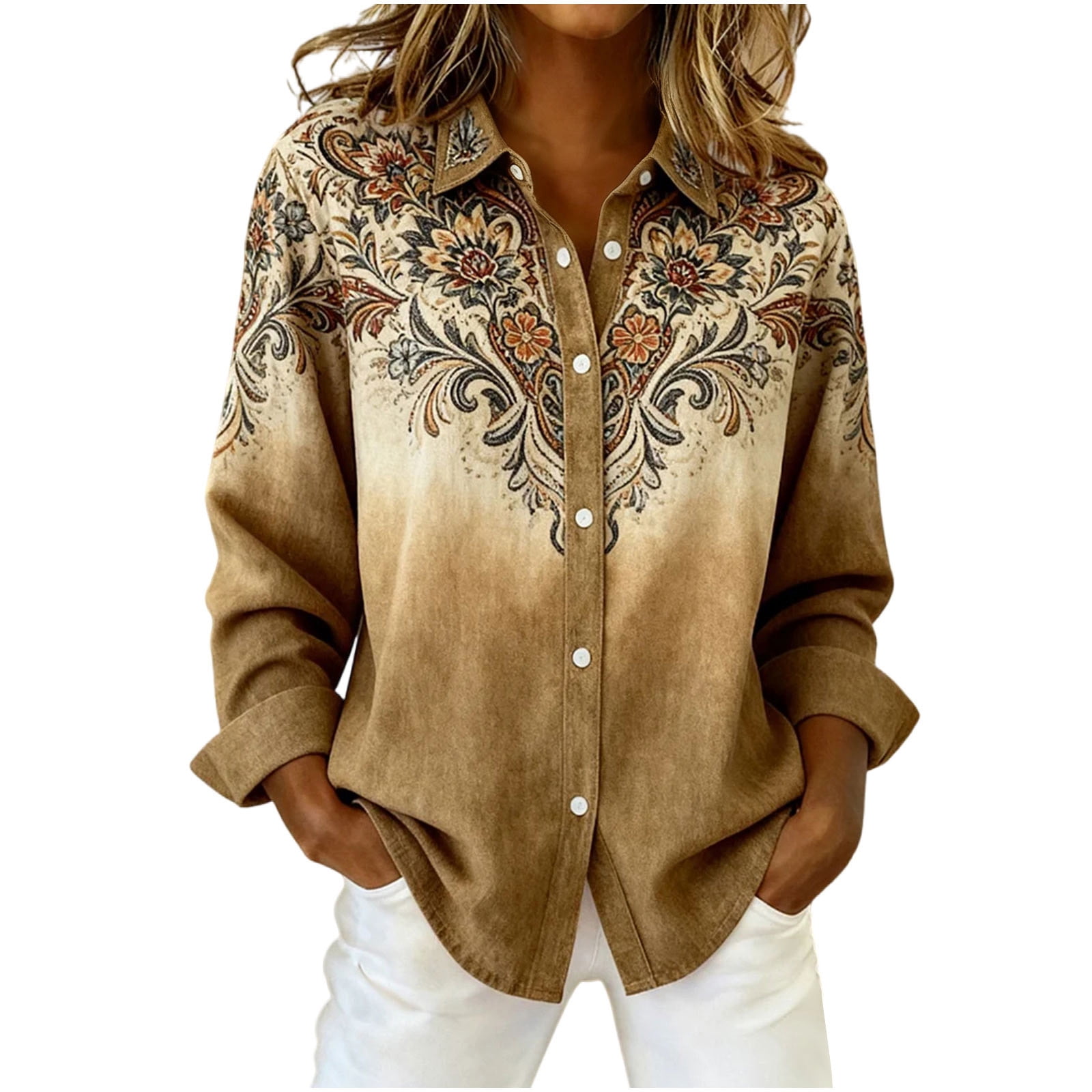 Vintage Print Corduroy Shirts for Women Casual Long Sleeve Button Down Shirts Oversized Boyfriend Blouse Outerwear Jackets