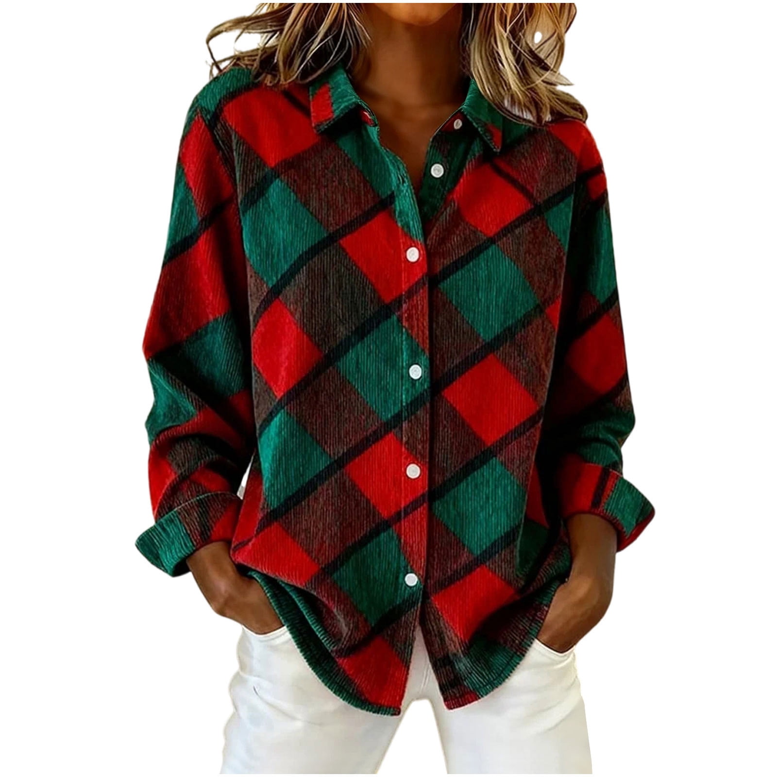 Vintage Print Corduroy Shirts for Women Casual Long Sleeve Button Down Shirts Oversized Boyfriend Blouse Outerwear Jackets