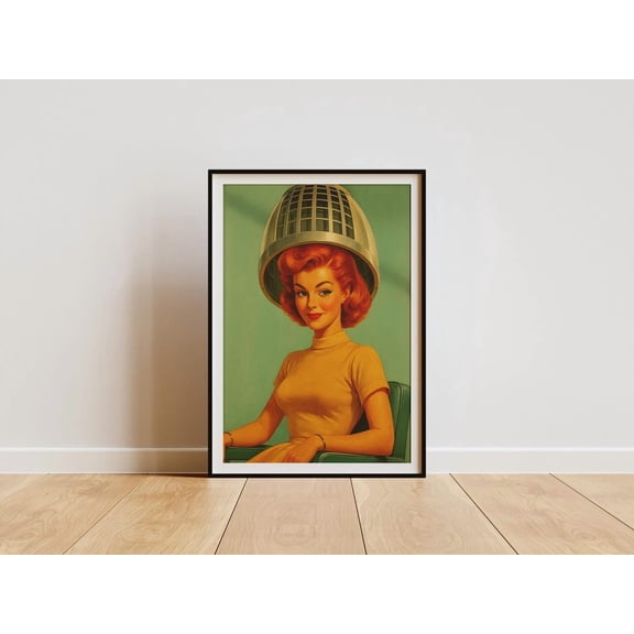 Vintage Print Of Woman Under Hair Dryer, Retro Beauty Salon Art Print For, Classic 50S Home Wall Decor 2495 UNFRAMED Poster, 8x12