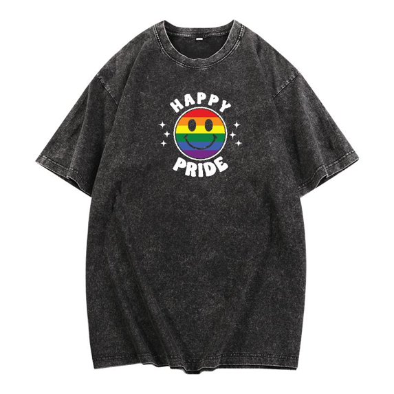 Vintage Print T shirt “HAPPY PRIDE” Rainbow Smile Graphic Tops, Crew Neck Short Sleeve Tee Plus Size（S-XXL)