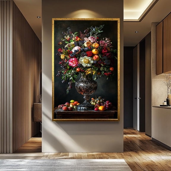 Vintage Print, Vintage Floral Wall Art, Dark Moody Baroque , Kitchen Dining Room Decor, Classical Fruit Flowers, Stretched Canvas 8x10in