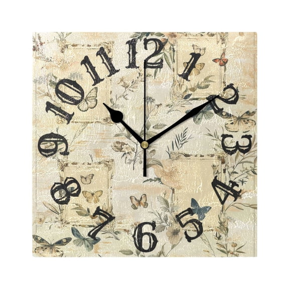 Vintage Print Wall Clock Square Silent Non Ticking Battery Operated Clock for Home Bathroom Kitchen Bedroom Living Room