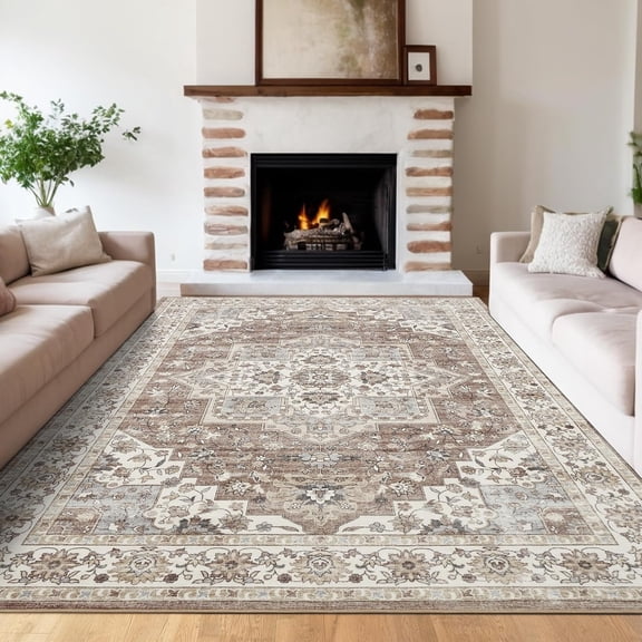 Vintage Printed Area Rugs 5x7 Ultra-Soft Distressed Throw Rugs Stain-Resistant Traditional Floor Mat Machine Washable Thin Indoor Carpet Office Camel
