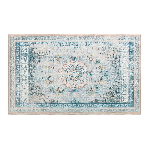 Vintage Printed Boho Area Rugs, Vintage Washable Non-Slip Rug for, Living Room, Bedroom, 3 x 5 ft, Blue, 1 Pack