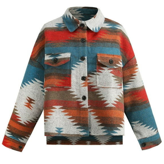 Vintage Printed Long Sleeve Woolen Coat Women Button Down Warm Loose Outerwear