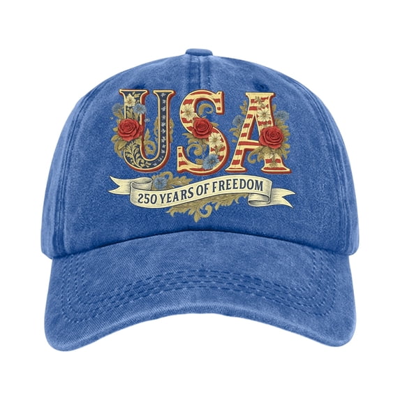 Vintage Prints, Flag, Anniversary Embroidery, 250 Years of Freedom, Blue Washed Cotton, 1 Pc, Usa Baseball, Vintage American Flag, Holiday Hats, Adjustable Back, Unisex