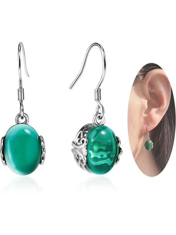 Vintage Pro Silver Drop Dangle Earrings with Oval Red Green Stone, Tasteful Birthstone Jewelry Ruby Emerald Earrings for Daily Wear[h625]