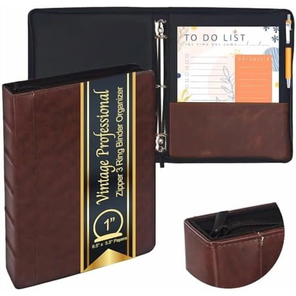 Vintage Professional 3 Ring Zipper Binder Organizer, for 8.5" x 5.5" Paper, 1-Inch Round Rings, 2 Inner Pockets, Antique Brown Vegan Leather, Pen Included