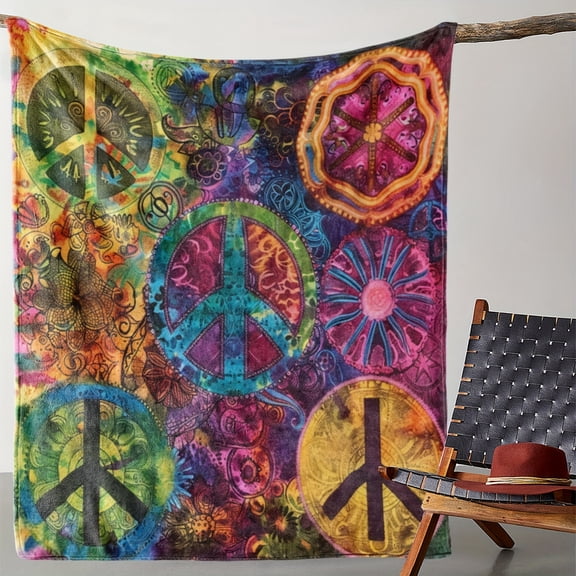 Vintage Psychedelic Tie-Dye Floral Print Flannel Throw Blanket, All-Season Cozy Soft Warm Multipurpose Blanket for Couch, Bed, Car, Office, Camping, Travel - Digital Print