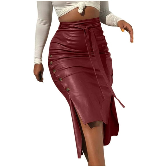 Vintage Pu Leather Pencil Skirt for Women Button Split Skirt with Belt High Waisted Pencil Skirts for Work