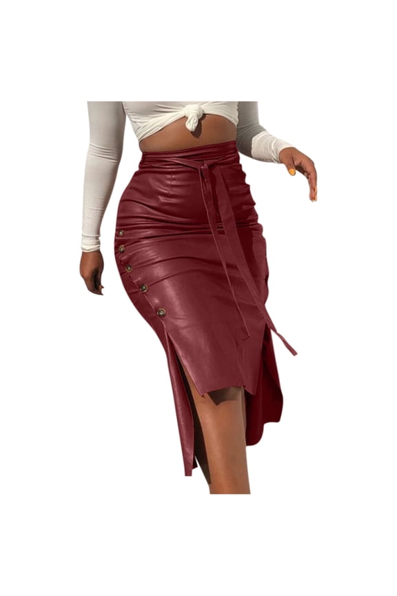 Vintage Pu Leather Pencil Skirt for Women Button Split Skirt with Belt High Waisted Pencil Skirts for Work