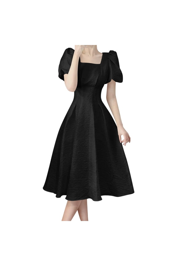 Vintage Puff Sleeve Midi Dress for Women Square Neck A-Line Summer Retro Elegant Fit and Flare Cottagecore Dress