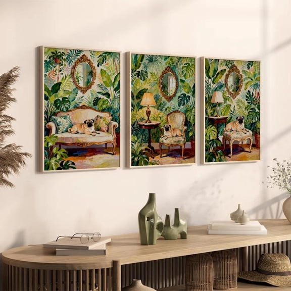 Vintage Pug Art Set Botanical Victorian Pet Posters Home Decor Office Wall Art Set 3