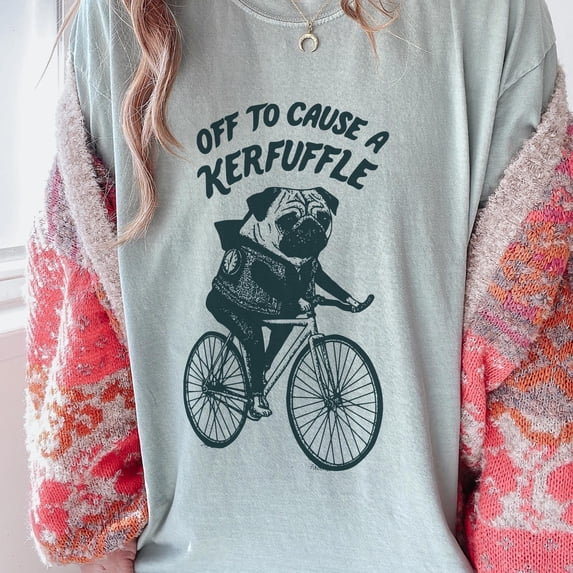 Vintage Pug Bicycle Kerfuffle T-Shirt - Funny Dog Rider Tee for Pug Lovers and Chaos Enthusiasts