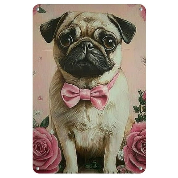 Vintage Pug Dog Metal Sign with Floral Accents - Rustic Wall Hanging Decor, Multipurpose Indoor/Outdoor Art, No Electricity Needed, Ideal for Living Room, Balcony, Garden, Dog Decor