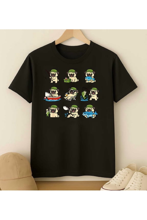 Vintage Pug Fishing T-Shirt, Funny Angler Dog Graphic Tee, Cute Cartoon Pet Shirt, Fishing Lover Gift, Retro Humor Design, Unisex Top