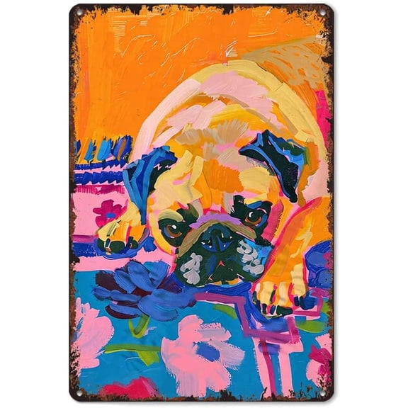 Vintage Pug Portrait Metal Wall Art Funny Pug Mom Colorful Maximalist Dopamine Tin Sign Aluminum 8x12 Inch for Bathroom Bedroom Living Room Decor