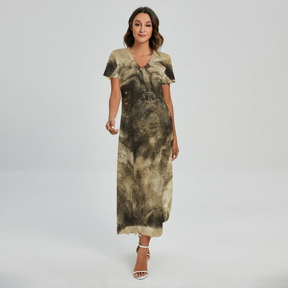 Vintage Pug Portrait Printed Short Sleeve Maxi Dress, Dog Pet Lover Fashion Summer Maxi Dress For Women