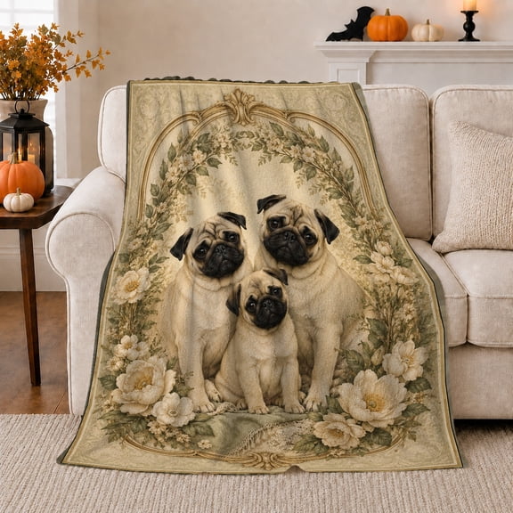 Vintage Pug Portrait Pumpkins Autumn, Cozy Pet Portrait Pattern, Warm Flannel Blanket for Living Room and Bedroom, Dog Lovers autumn celebration Gift, Pet Lover Home Decor