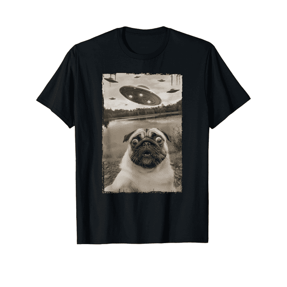 Vintage Pug UFO Encounters - Funny UFO And Pug Selfie T-Shirt Select Design DIY Short Sleeve T-Shirt for Men, Soft And Breathable, Suitable for All Seasons, Comfortable, Casual And Sports