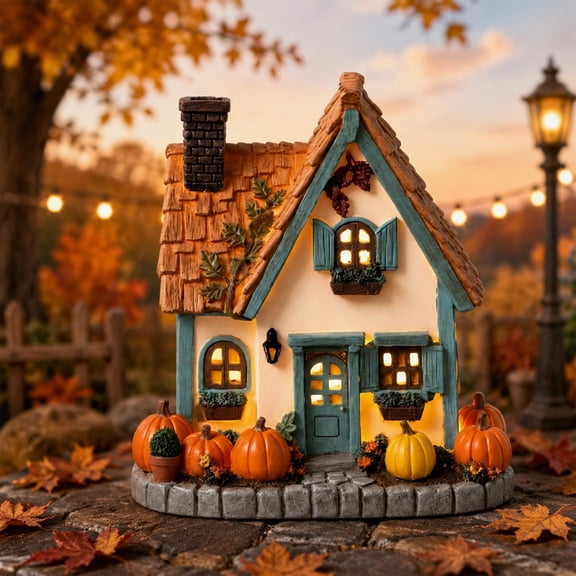 Vintage Pumpkin Cottage Halloween Decor, Hand-Painted LED Fall Village House With Warm Glow (1PC)