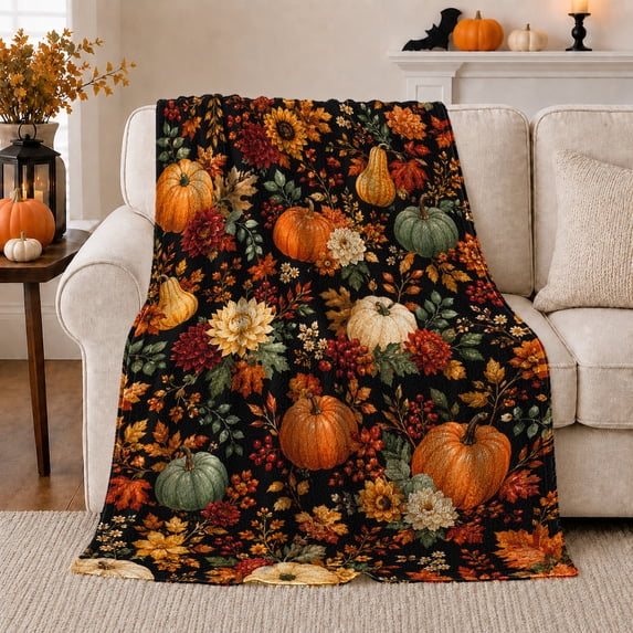 Vintage Pumpkin Dahlia Botanical Autumn Harvest Illustration, Cozy Botanical Scene, Warm Flannel Blanket for Sunroom and Reading Nook, Garden Lovers Thanksgiving Gift, Botanical Home Decor