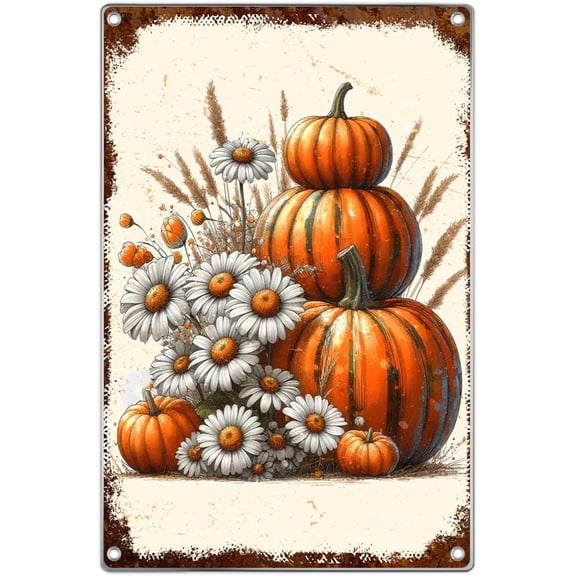 Vintage Pumpkin And Daisy Metal Tin Sign Rustic Fall Harvest Wall Art Farmhouse Autumn Decor For Home Kitchen Or Garden 8 x 12 Inch Outdoor Indoor Aluminum