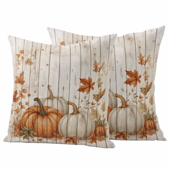 Vintage Pumpkin Fall Outdoor Waterproof Pillow Covers, Thanksgiving Botanical Leaves Wooden Decorative Square Throw Pillowcase Sofa Cushion Sham for Patio/Couch/Chair, 18"x18" 2 Pack