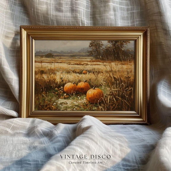 Vintage Pumpkin Field Fall Wall Art, Rustic Autumn Landscape, Country Farmhouse Thanksgiving, Seasonal Living Room And Home Decor