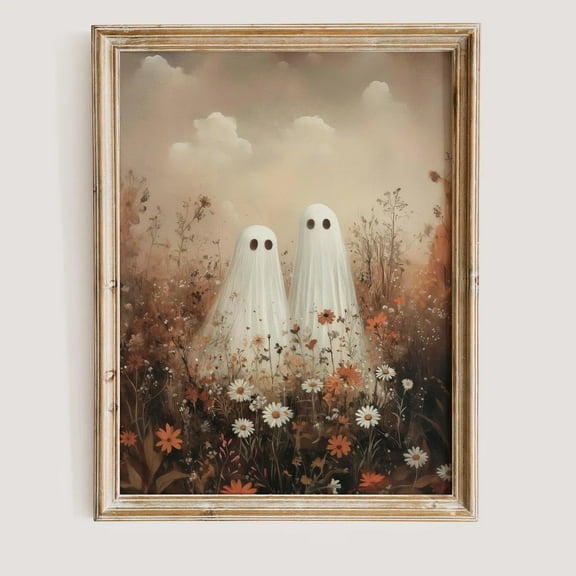 Vintage Cute Ghosts In Wildflower Meadow Poster Wall Decor Canvas Art Prints Painting Picture Artwork Home Bedroom Halloween Fall Decoration No Frame