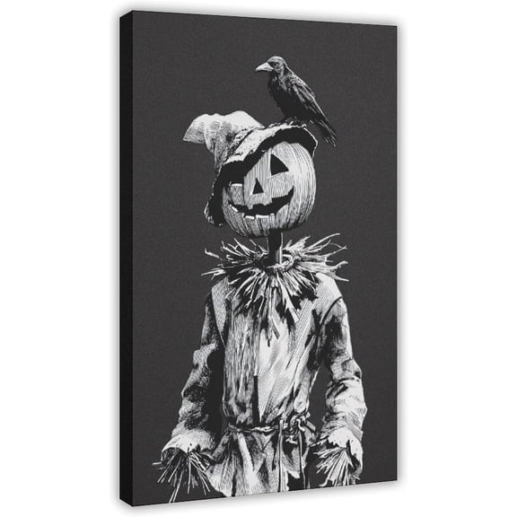 Vintage Pumpkin Headed Scarecrow Wall Decor Painting Classic Black and White Halloween Frame Canvas Print Art Poster Crow Retro Mural 08x12inch(20x30cm)