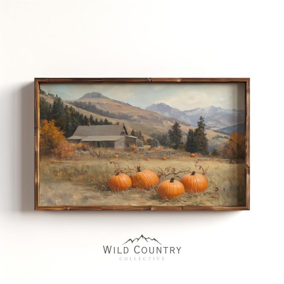 Vintage Pumpkin Patch Wall Art, Fall Farmhouse, Antique Landscape, Halloween Autumn, Seasonal Living Room And Home Decor