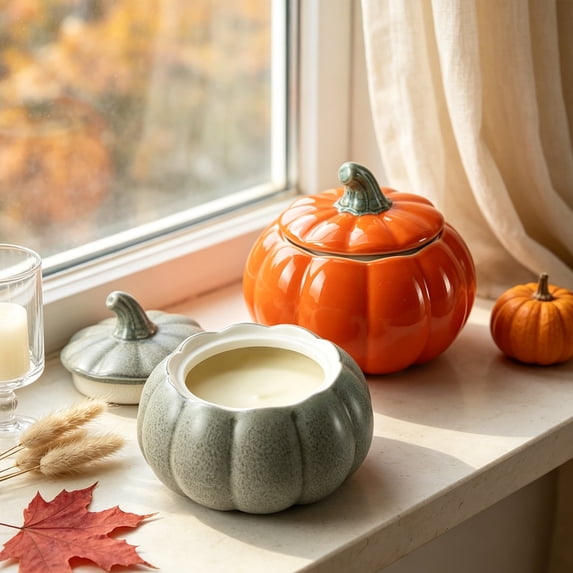 Vintage Pumpkin Shaped Ceramic Candle Holder with Lid, Scented Candle Jar for Fall Halloween Thanksgiving Table Mantel Shelf Decor