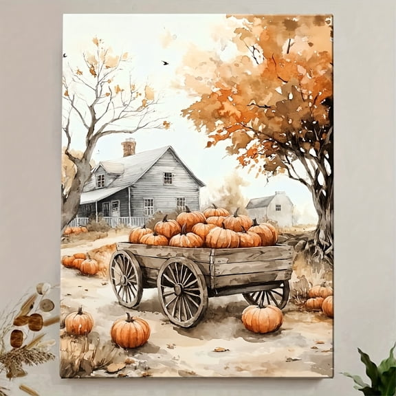 Vintage Pumpkin Wagon Canvas Art with Wooden Frame – Rustic Autumn Harvest Scene, Perfect for Fall Decor in Living Room, Bedroom, or Home Office